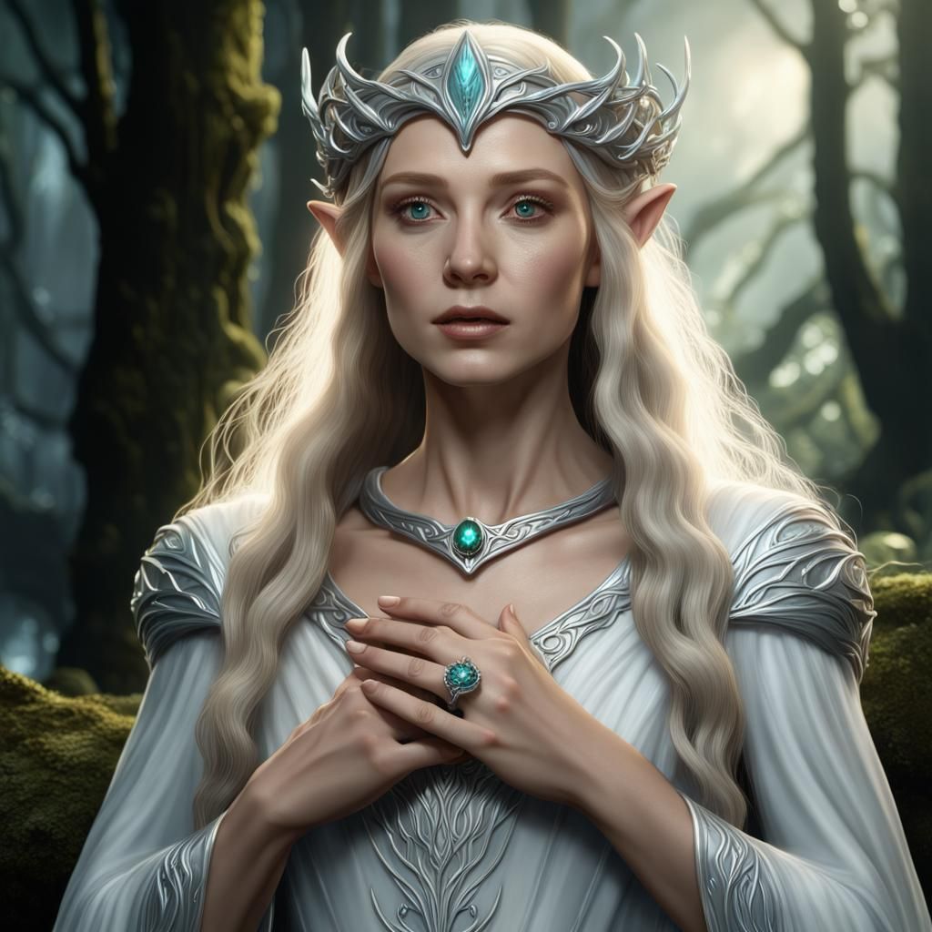 Galadriel lady of the forest wearing one silver ring. Photo realistic ...