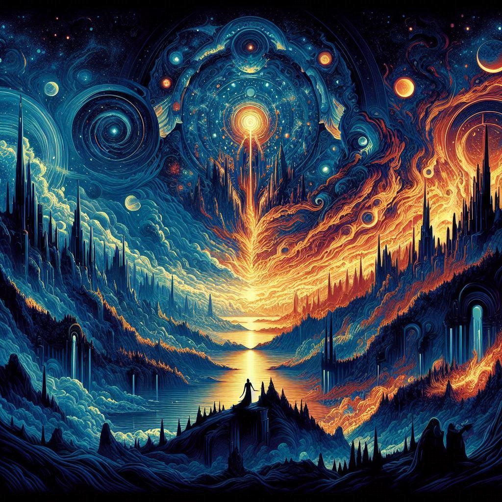 Zen Cosmic Landscape in style of Dan Mumford 🌓🌌