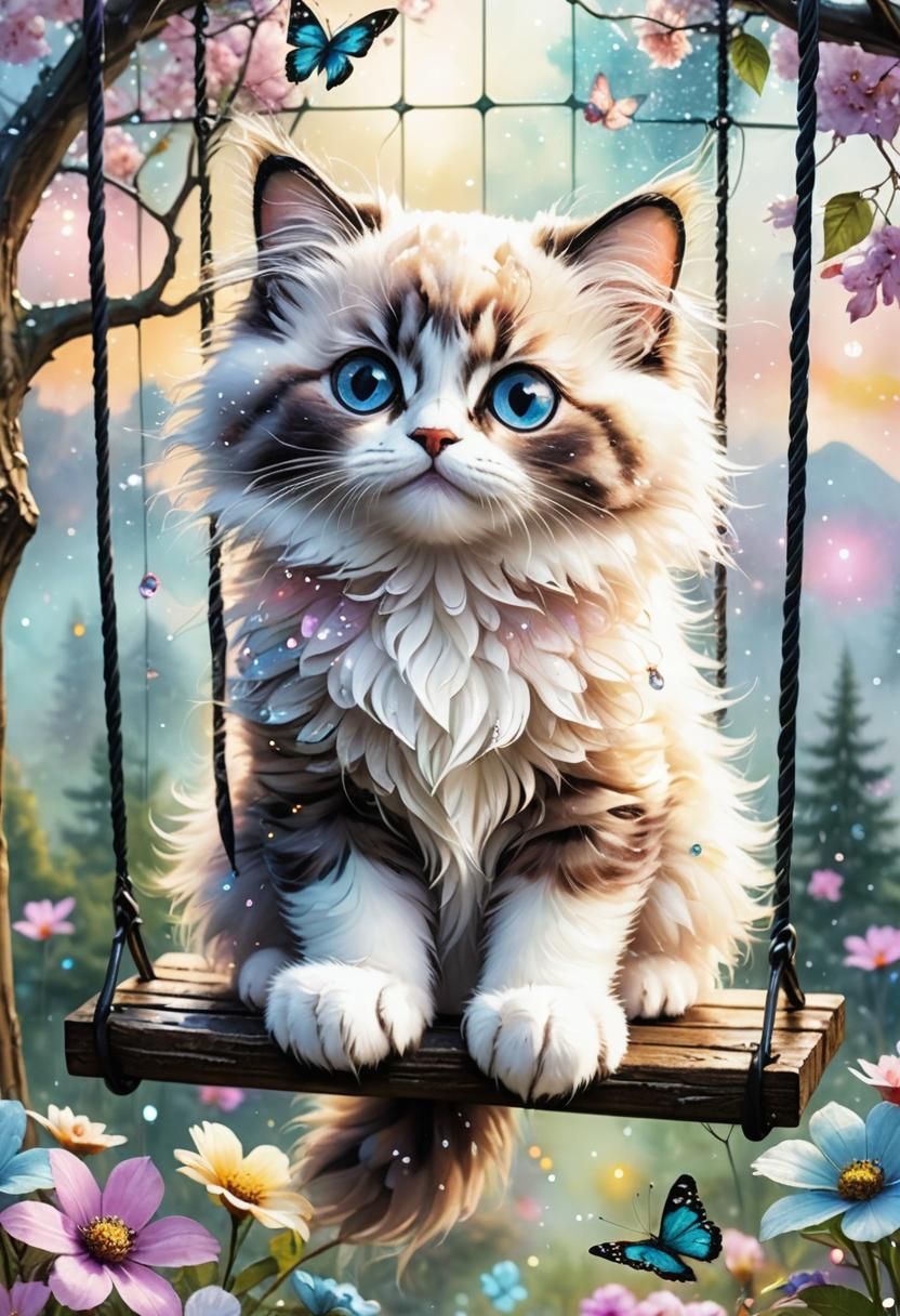 Ragdoll Kitten on a Garden Swing