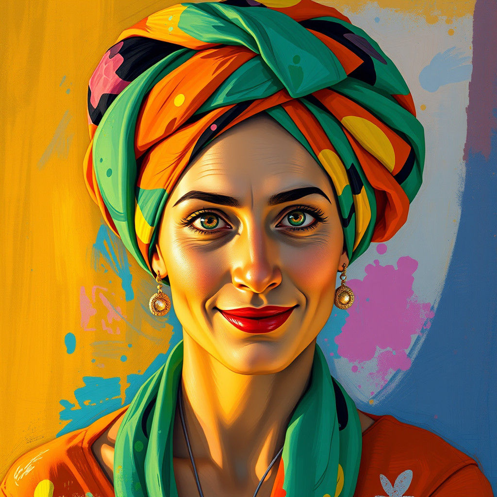 a portrait of a person wearing a bold, colorful turban