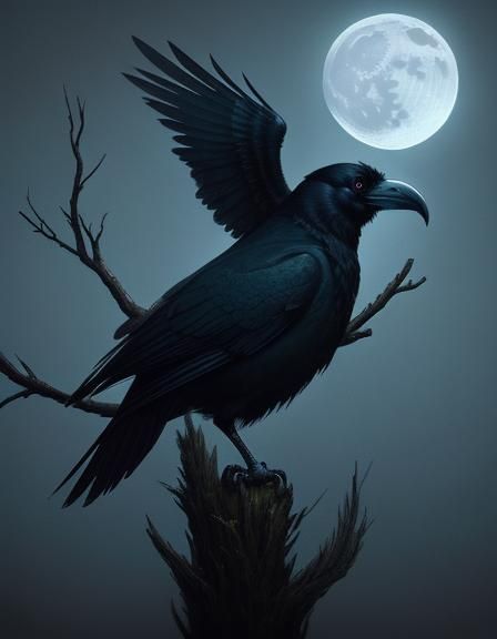 Raven on a branch squawking at the moon wings up getting rea...