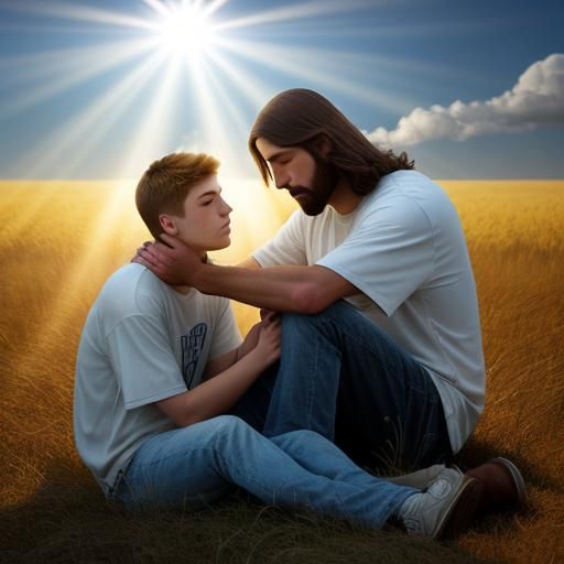 Jesus comforts grieving teen guy with light and clouds in background