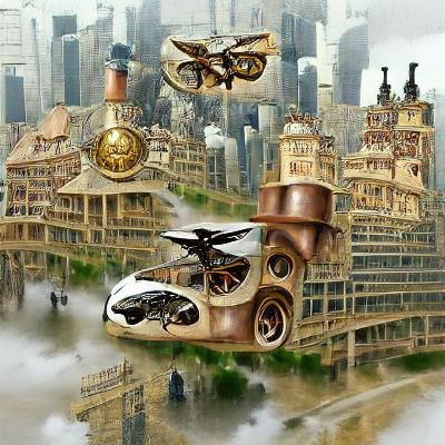 Dystopian city with flying cars steampunk