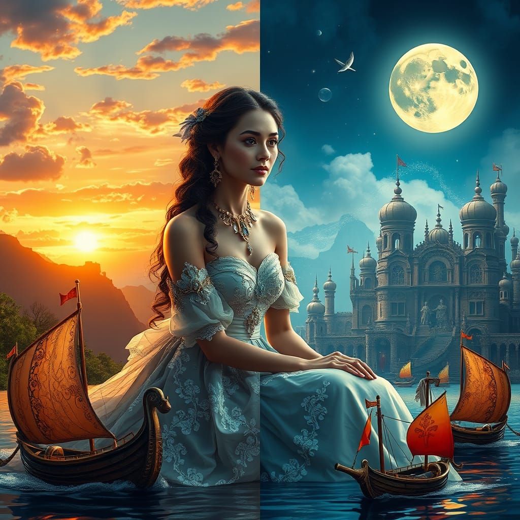 Split-screen composition. Oil painting inspired, beautiful l...