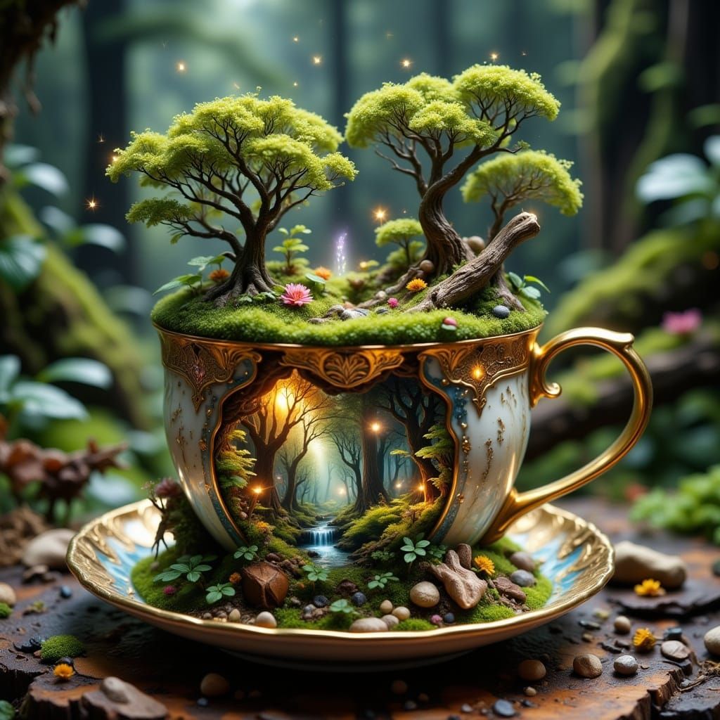 Whimsical Miniature Forest Teacup Scene in Hyperrealistic St...