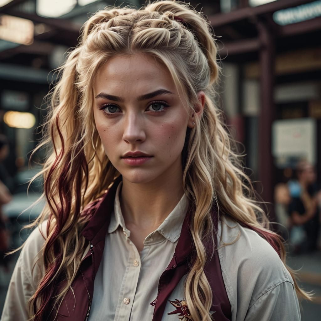 a 15 year old girl with wavy flaxen blonde hair tied in a hi...
