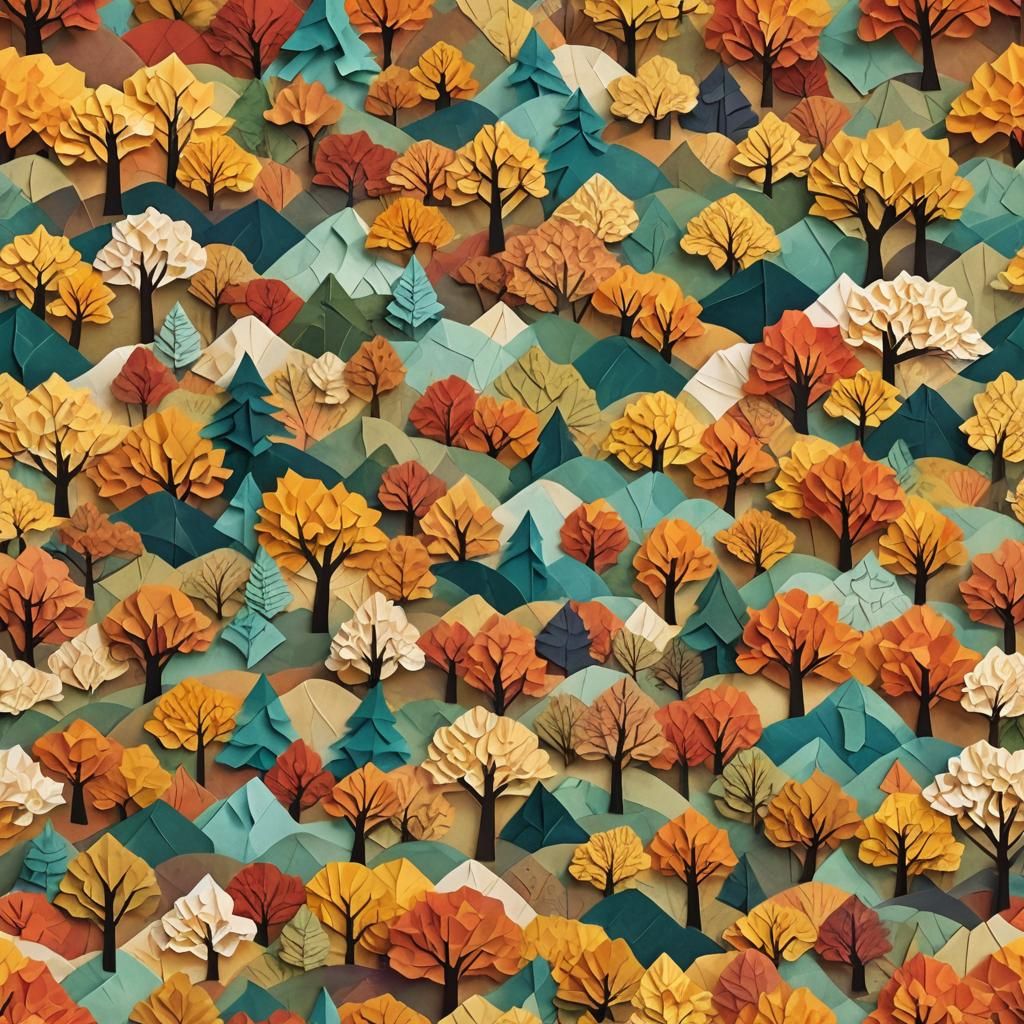 Fall paper collage of a tree on a hill in fall colors