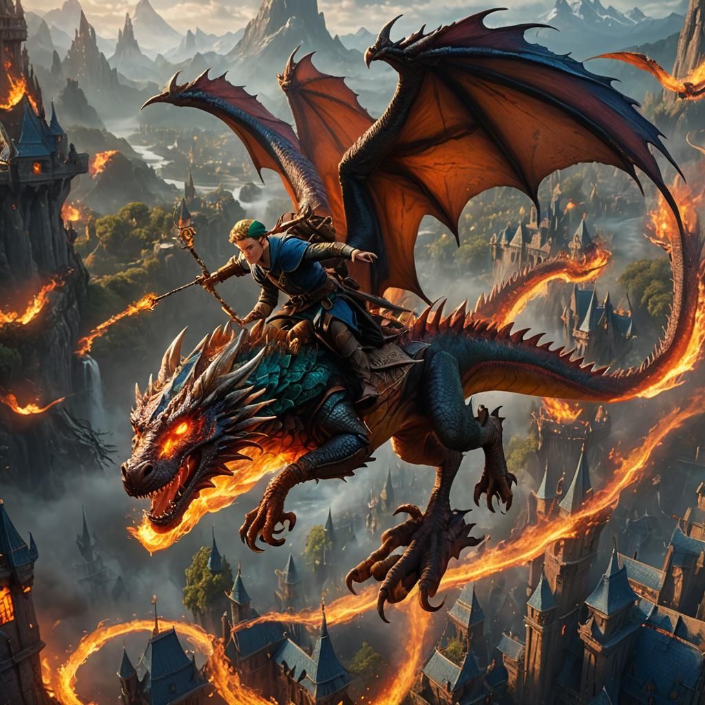 Elf flying a fire dragon