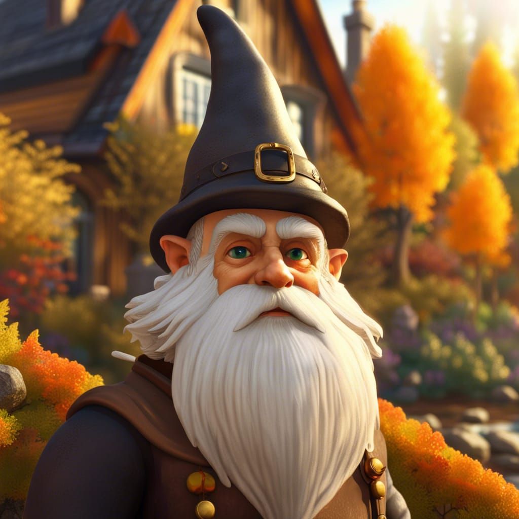 Victorian Gnome by River in Golden Aspen Forest