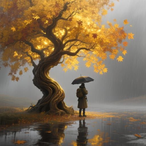 Golden Maple Tree
Subject: A lone traveler under an umbrella pausing beside a twisted maple tree glowing with golden autumn leaves Style: Pa...