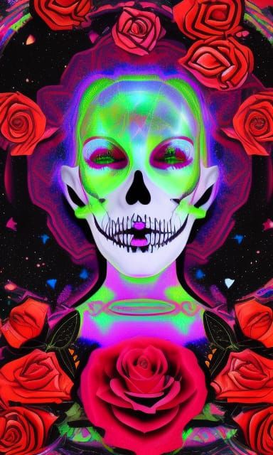 Astral Skulls and Roses in Holographic Style