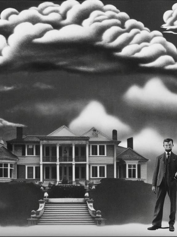 A Noir Detectve standing infront of Gatsby's house, with a w...