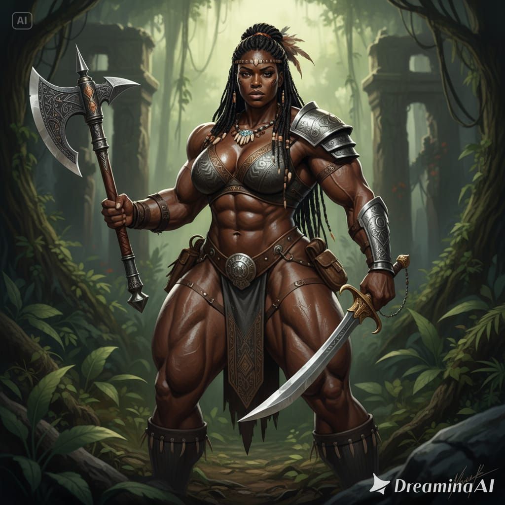 fierce warrior brunette Amazonian Black woman her body is hu...