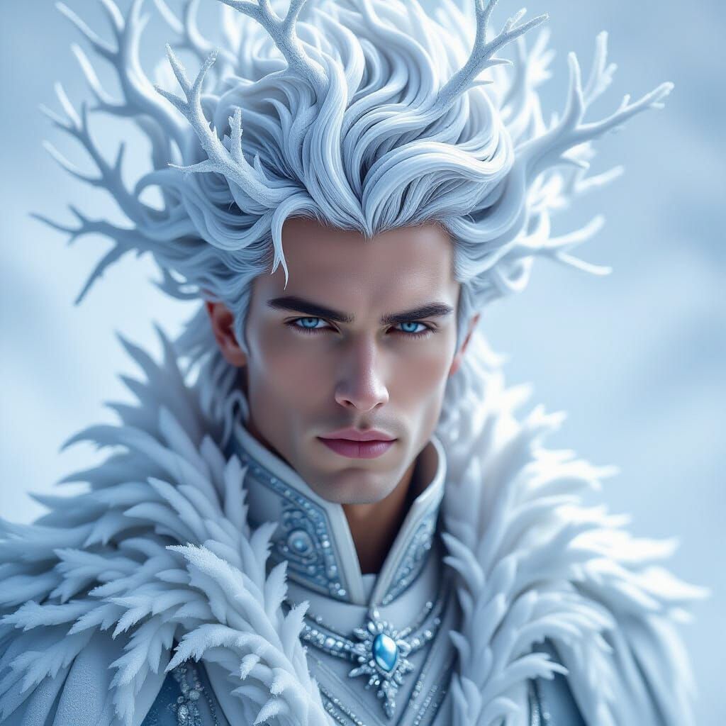 A portrait of a regal figure with gravity-defying hair sculpted into intricate, white crystalline formations ...  by @MacKirdy