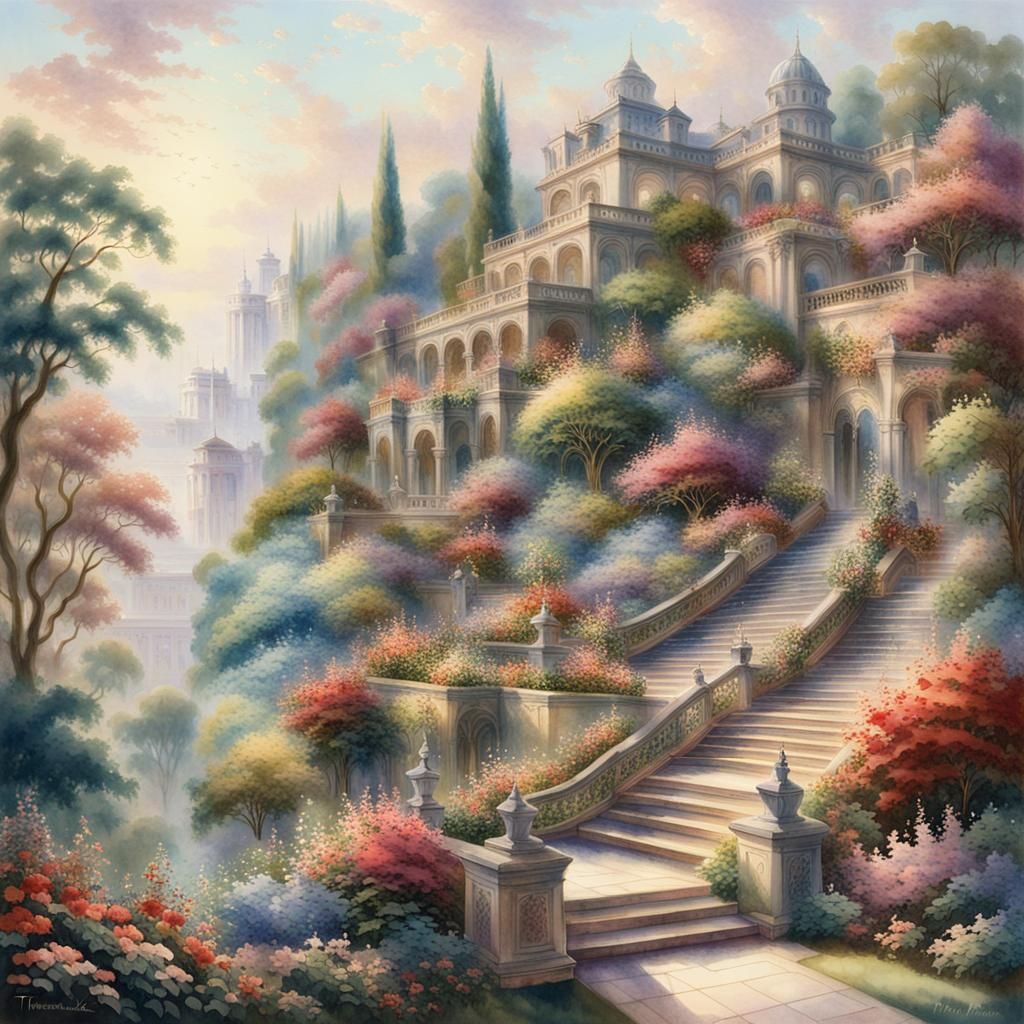 A naturalistic watercolor painting of ascending tiered gardens filled with a variety of trees, flowers, ...  by @Melva Pearce