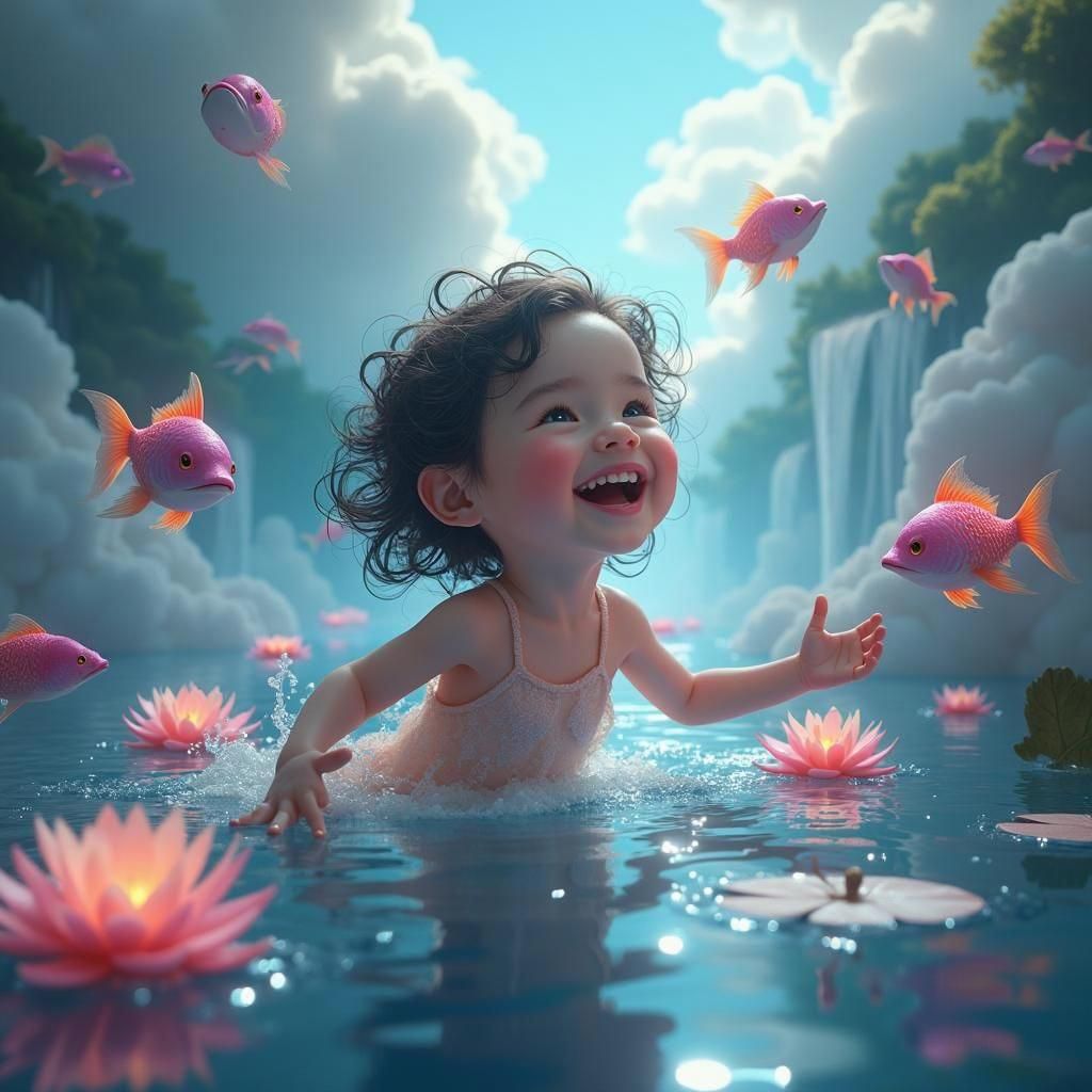 A child playing with beautiful fishes in heaven 