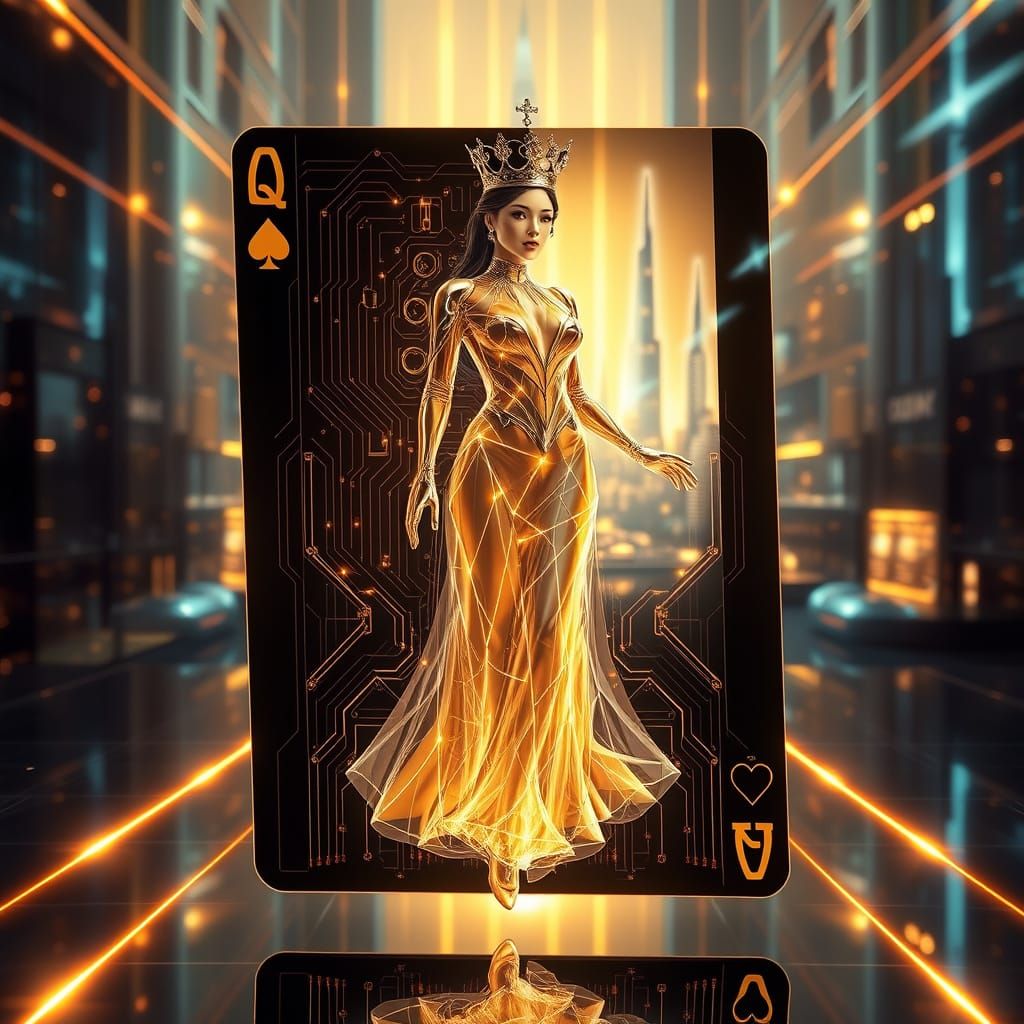 Full body stunning cyber-futurist Queen of Spade stepping out of a holographic playing card suspended ...  by @JJackyR