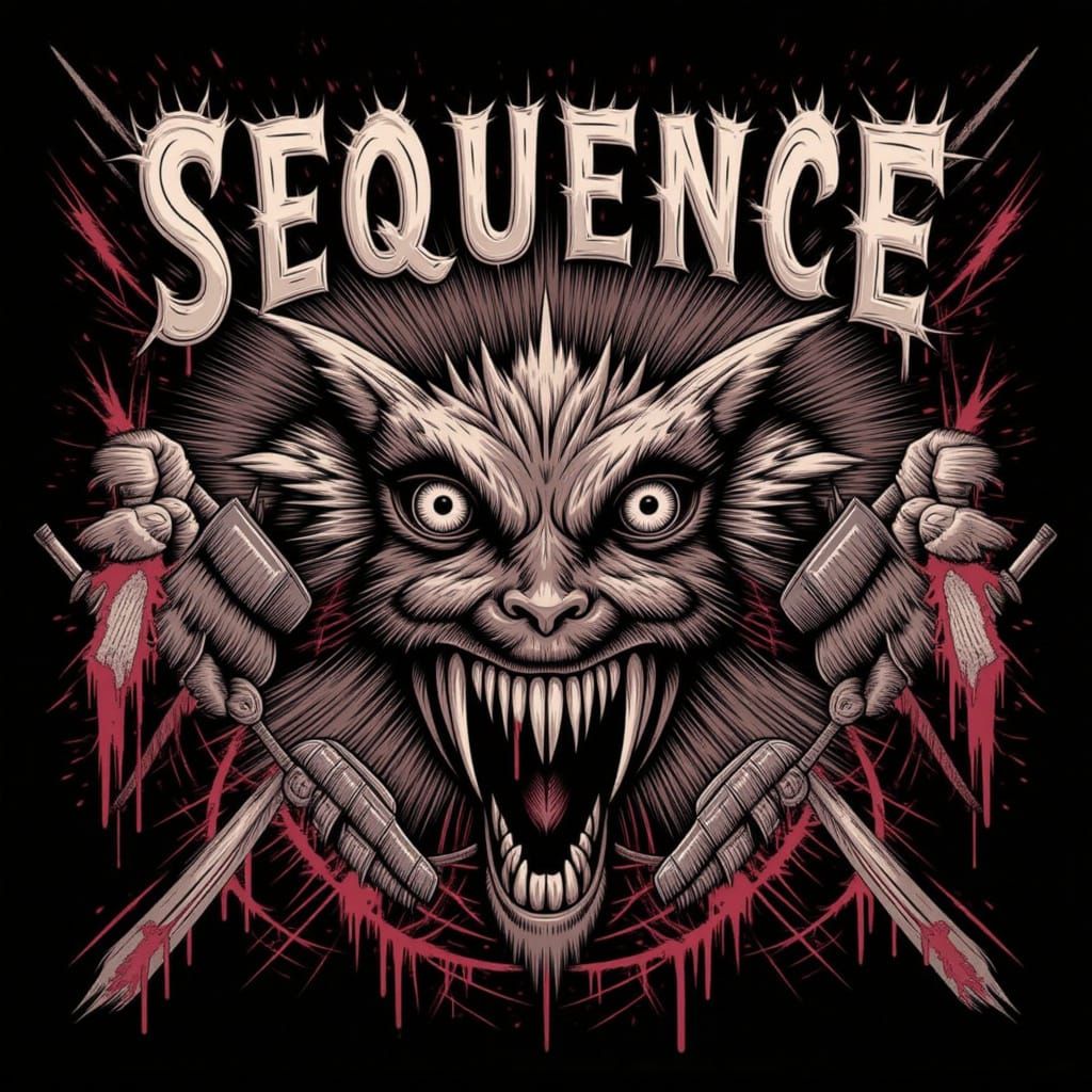 Bold Chaotic and Macabre letters “SEQUENCE” “X-23” <lora:Sequence X-23:1.0>  across the middle, logo