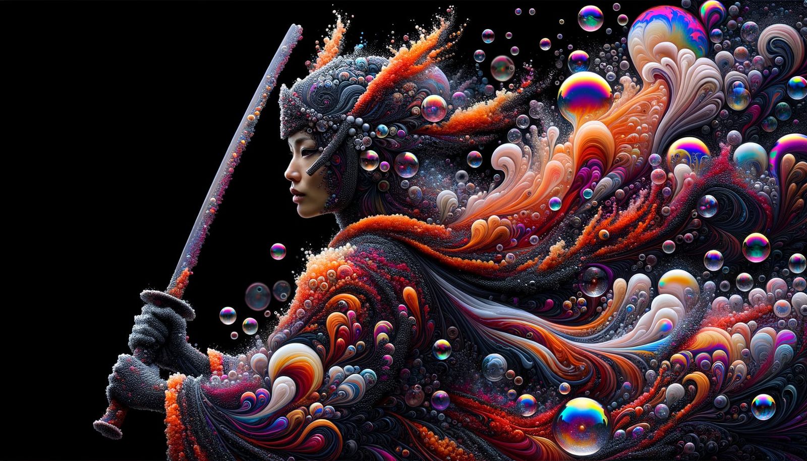 Abstract Ninja Girl in Iridescent Kimono