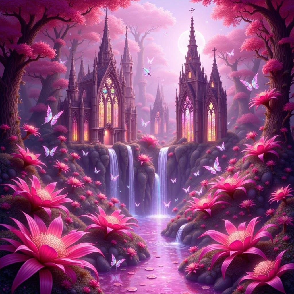 <lora:Flower Fairy Kingdom:1.0> 
A massive castle, in subtle pink,
Large stained glass made of different shades of pink,
Surrounded by a dee...