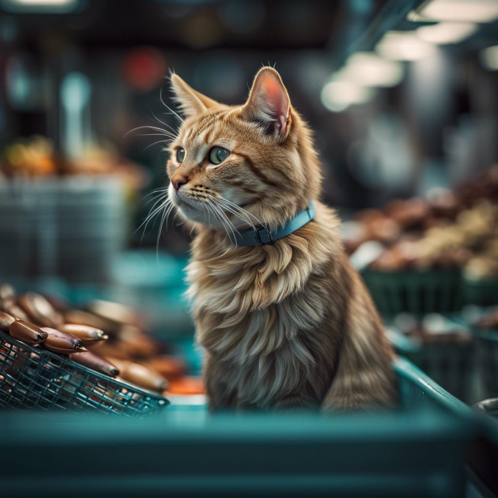 an adorable cat shopping at the fish market