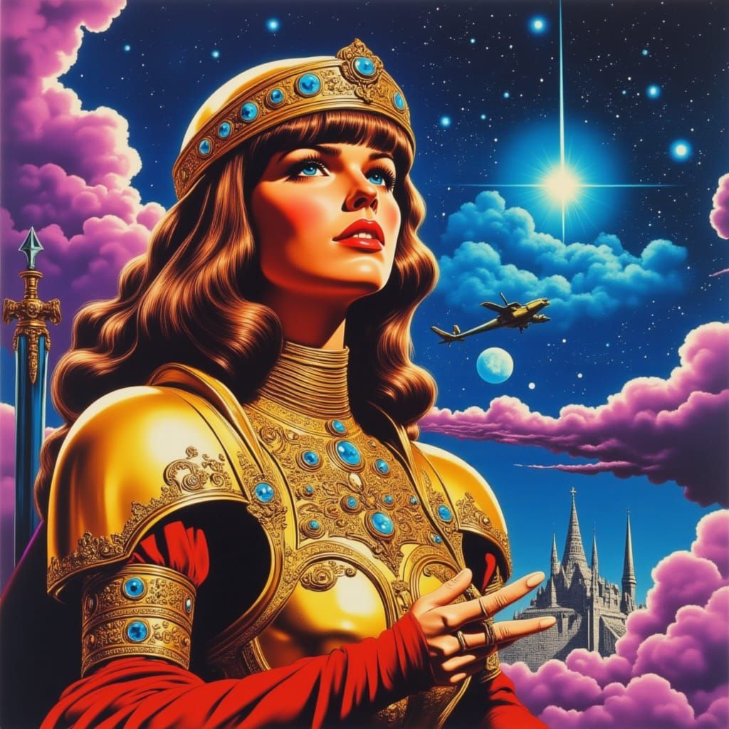 <lora:Medieval Pulp:1.0>
<lora:Candy Cosmos Flux:1.0>
1970s vintage medieval pulp illustration. Candy Cosmos