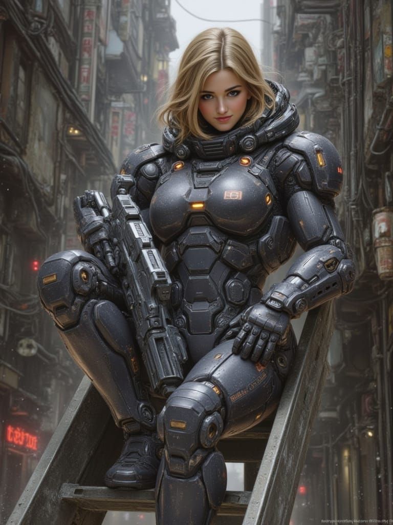 <lora:Cyberlleon Girls:1.0> Urban Zone: Gritty soldier resting on a fire escape in a narrow megacity alley, steam rising from vents, one han...