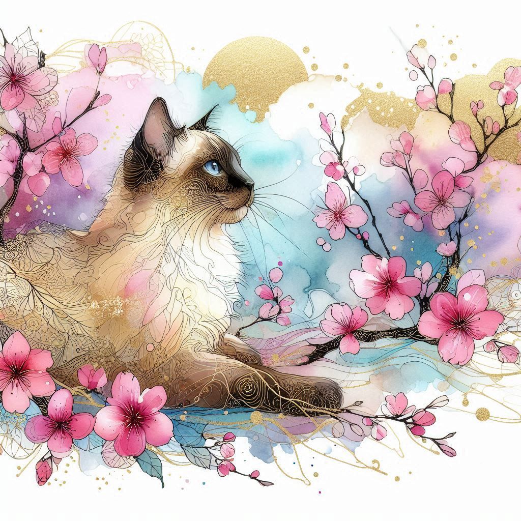 siamese cat, sakura tree, spring