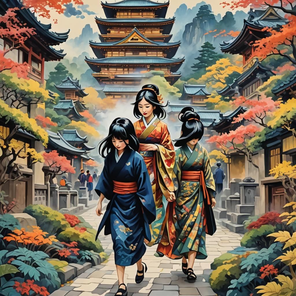 Beautiful Japanese women with black hair walking on colored ...