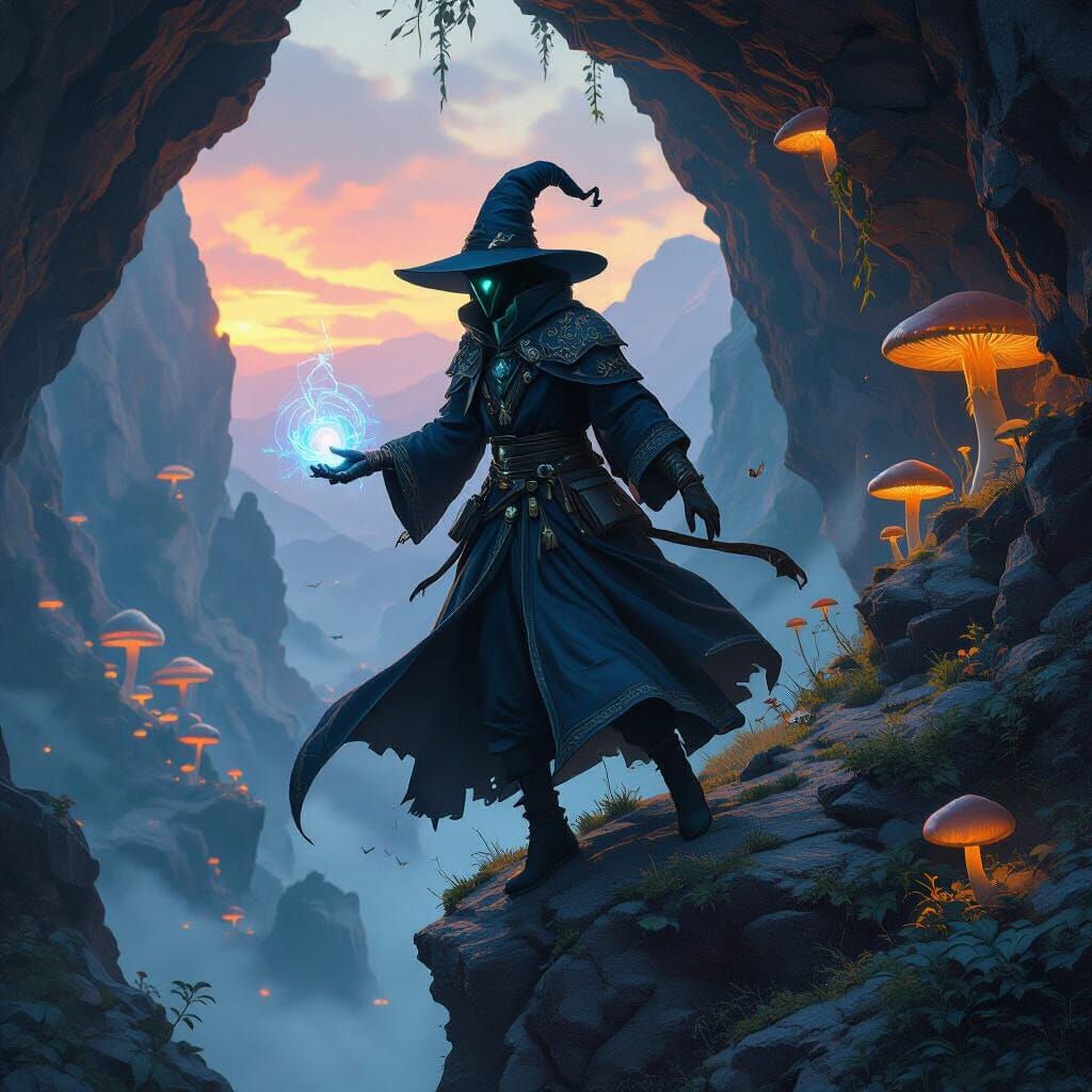 veigar style wizard towing dakspels and jumping from a cliff In a cave dusklike colors and glowing mushrooms 