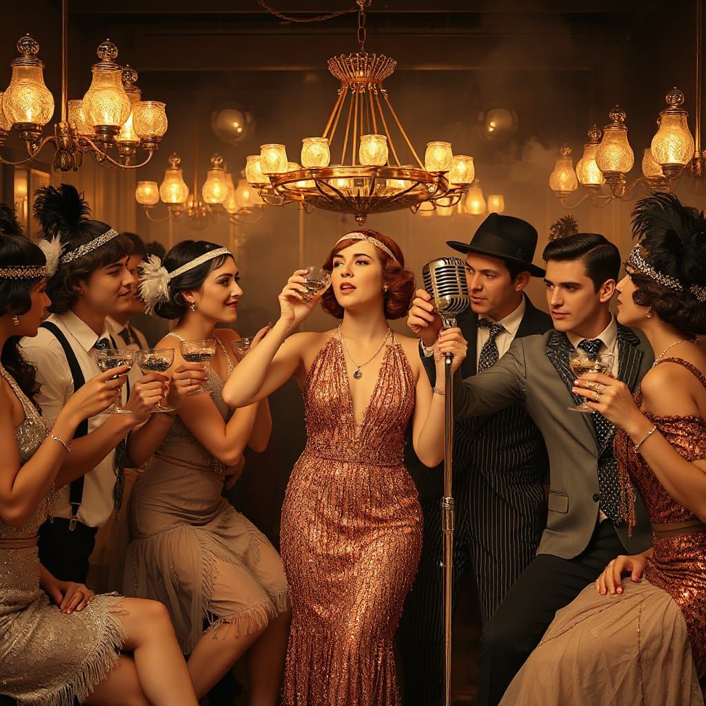 Prohibition Times - Inside a hidden 1920s speakeasy, dim golden light glows from vintage glass chandeliers, casting shadows  by @Murray