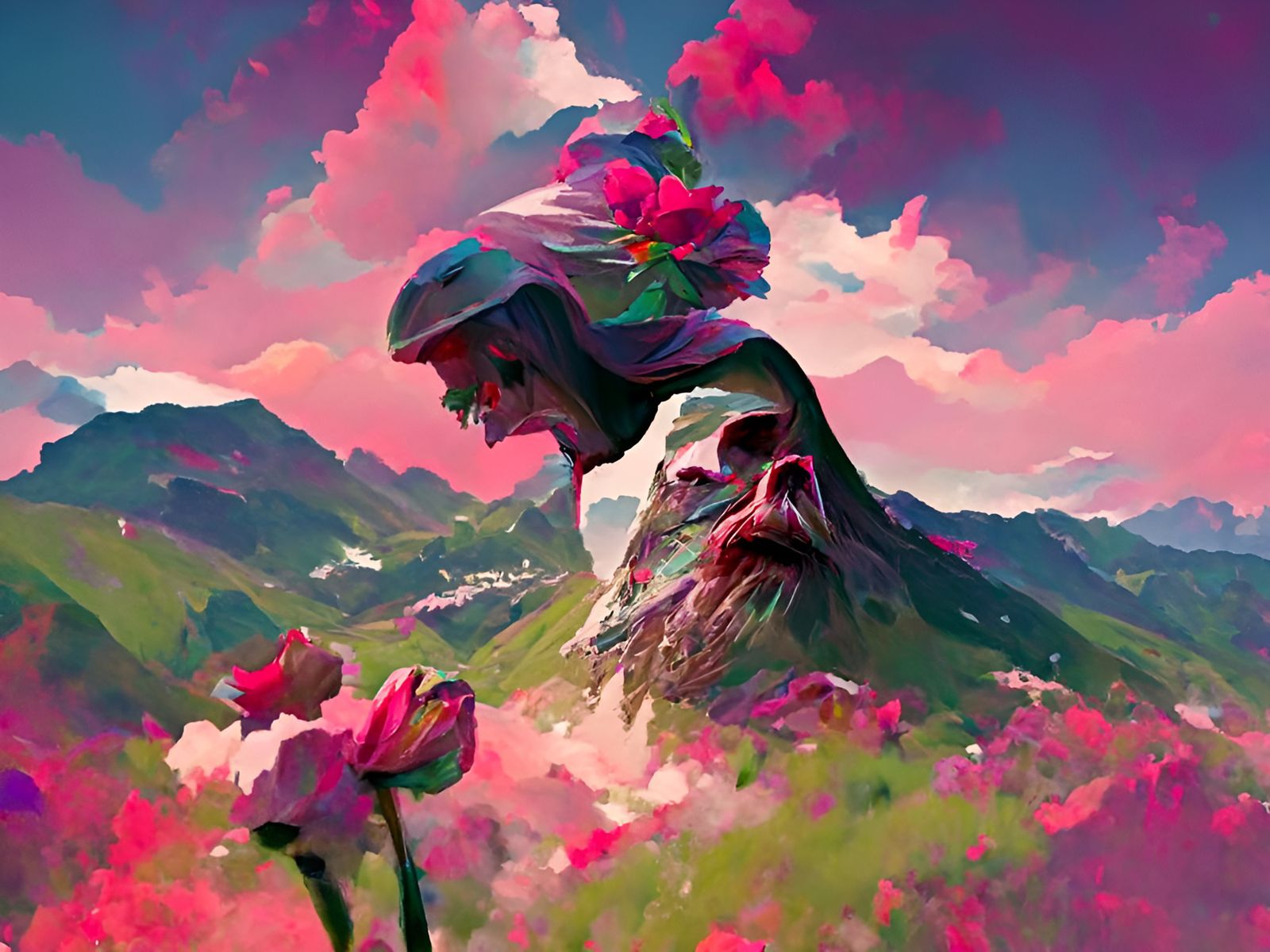Floral Mountain Twilight: Painterly Landscape