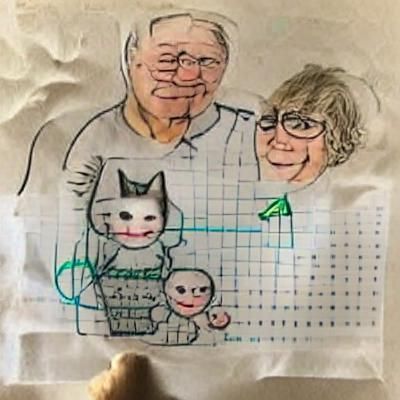 grandma, grandpa and their cat child's drawing