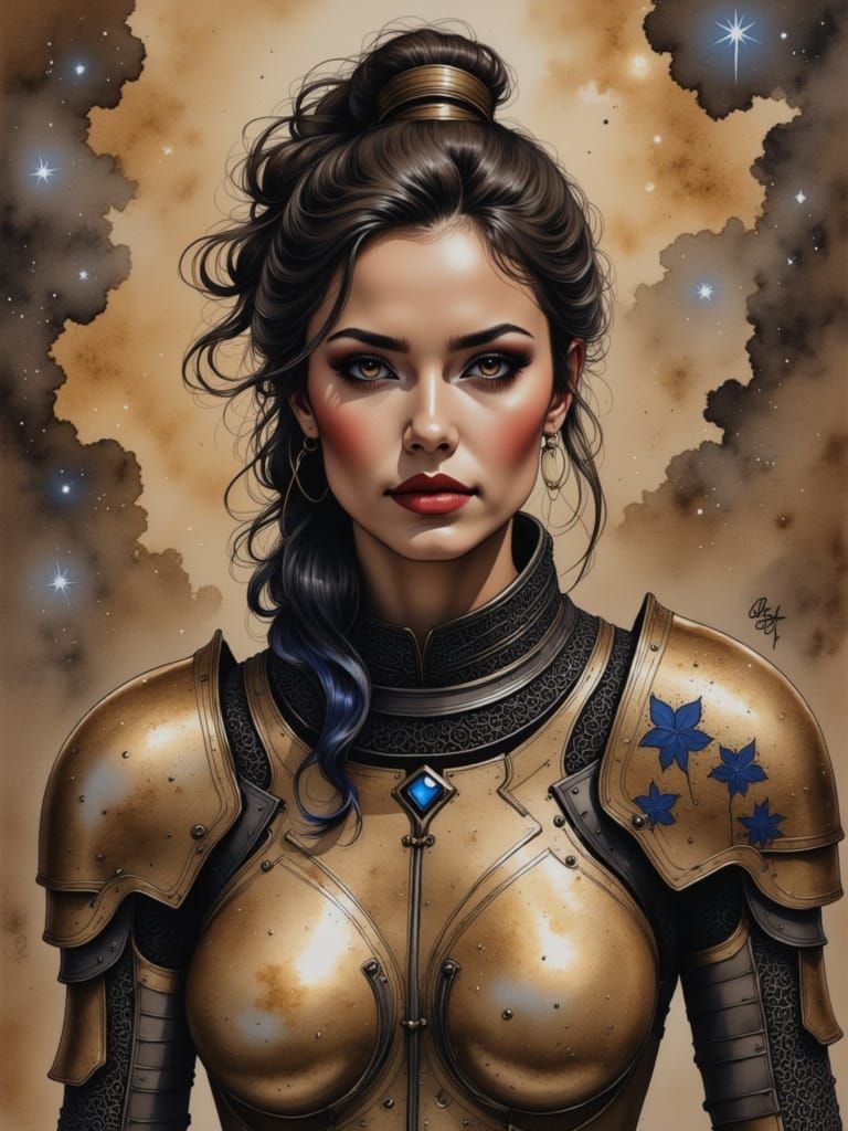 Beautiful female figure, cosmic pattern knight armour, Stellar Drift Boots <lora:Fog Beneath the Brew:1.0> Caffeine