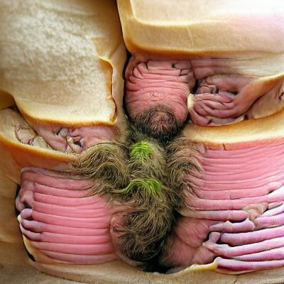 A hairy sandwich giving birth