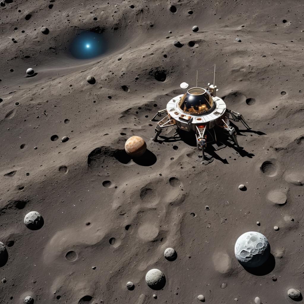 miniture spaceship on the moon surface, starry night sky wit...