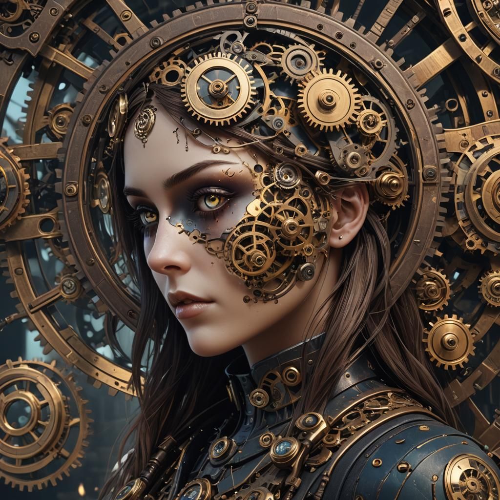  girl made of clockwork and gears 
Clock in eye socket 
Robotic  
Steampunk 
Dark  by @Moonlightlilies
