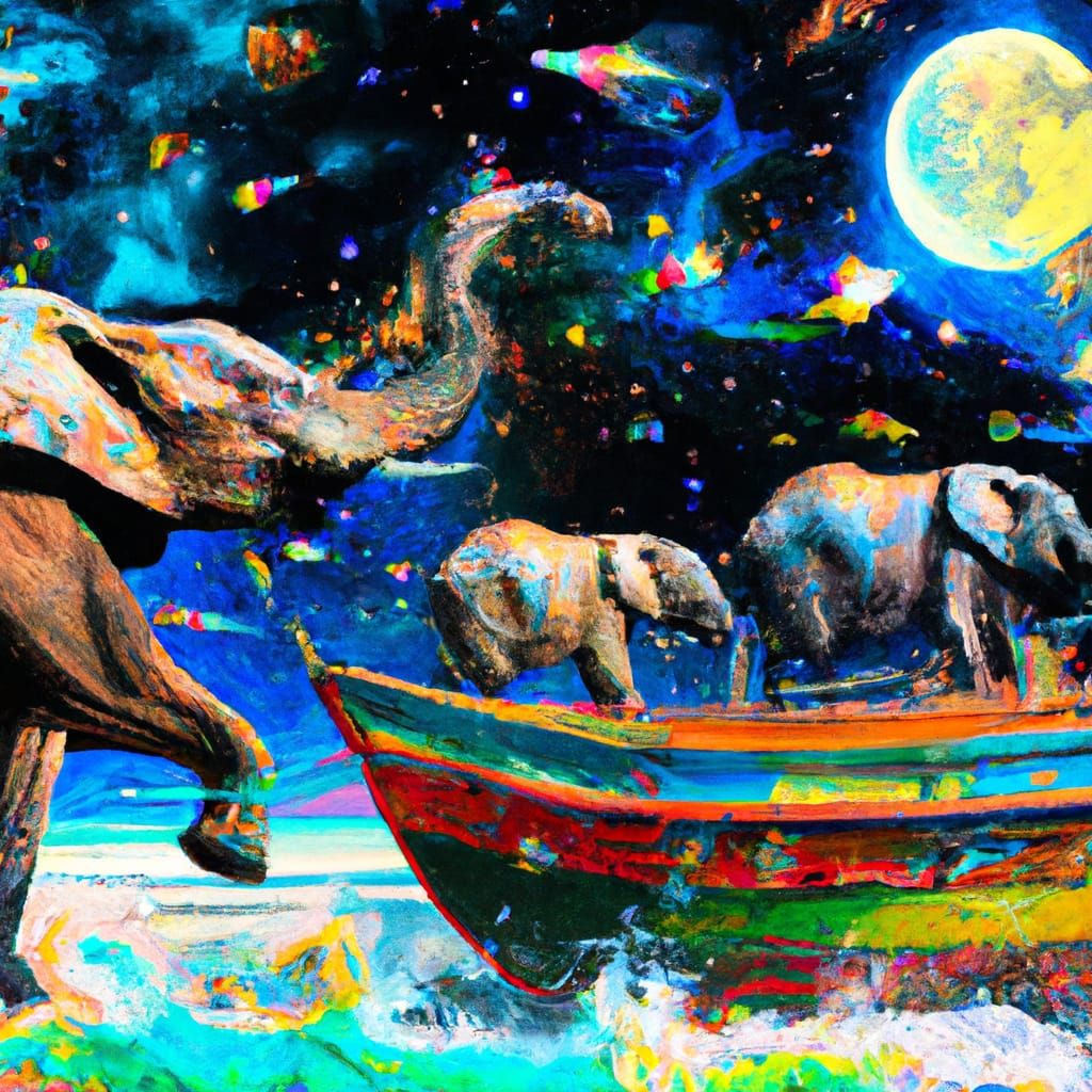 a herd of anthropomorphic elephants riding on a big boat in ...