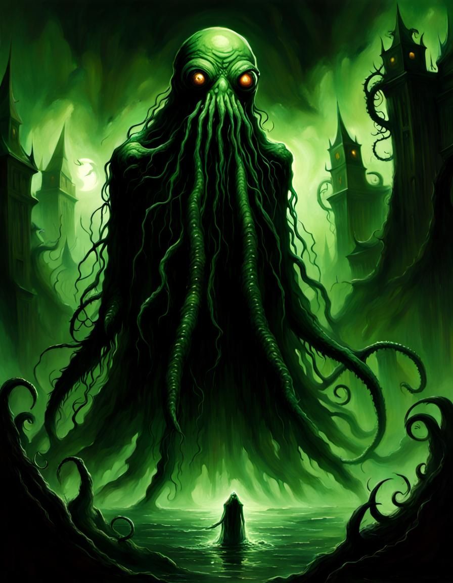 Dark sinister fantasy, Lovecraftian, Gammell, green, nightma...