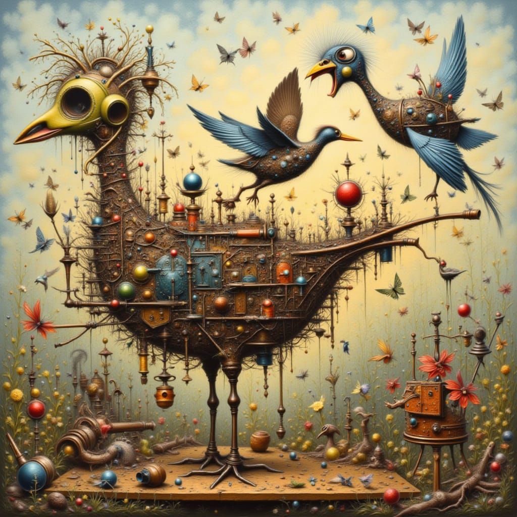 <lora:Fun-toon:1.0> Highly detailied oil painting, Jean Tinguely style kinetic art sculpture machines Métamatics with birds, the Dadaist tra...