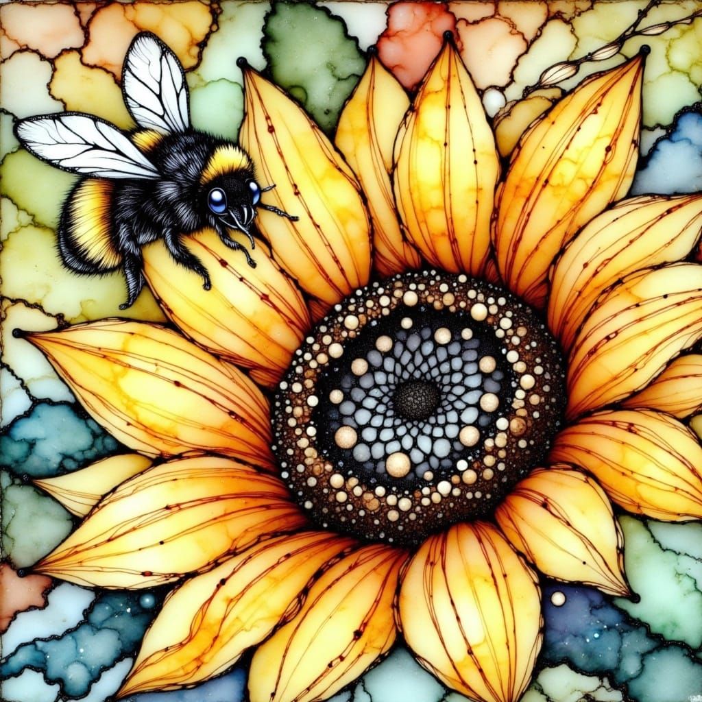 <lora:Alcohol Ink Splash:1.0> stained glass alcohol ink splash beautiful bumblebee on a majestic sunflower Japanese ink wash 