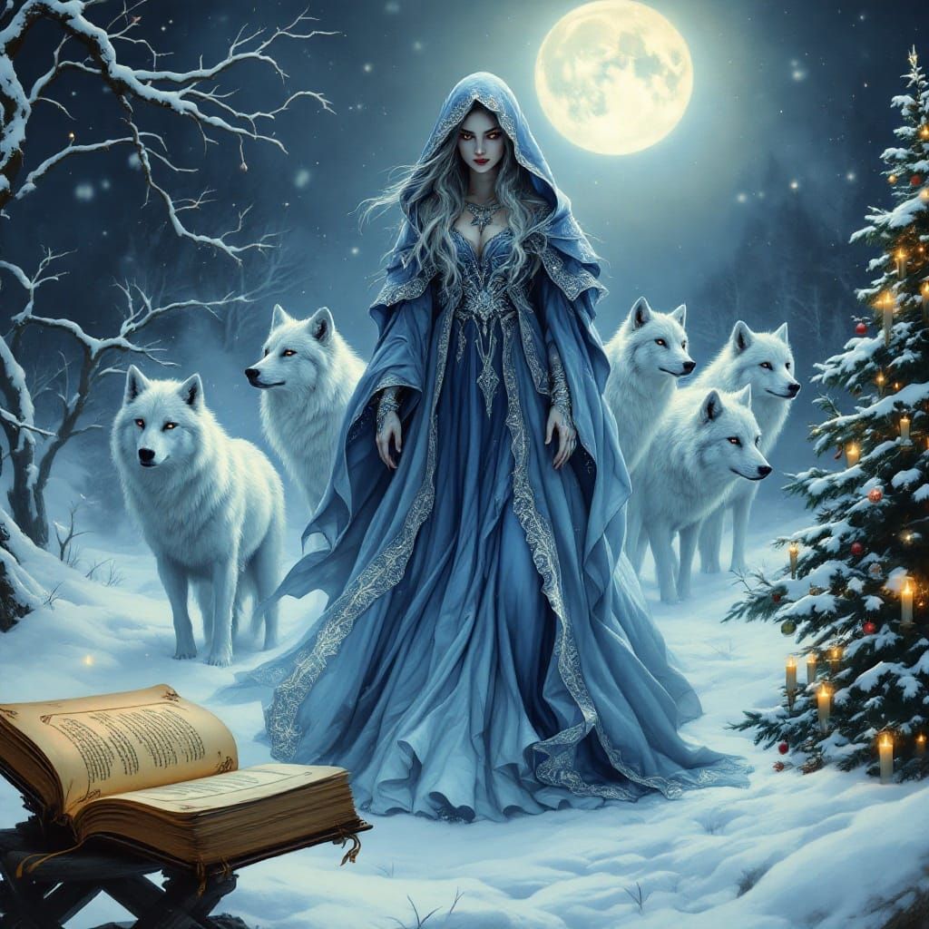 an ancient dark fantasy storybook of a beautiful female Christmas Witch  by @Pastaqueen
