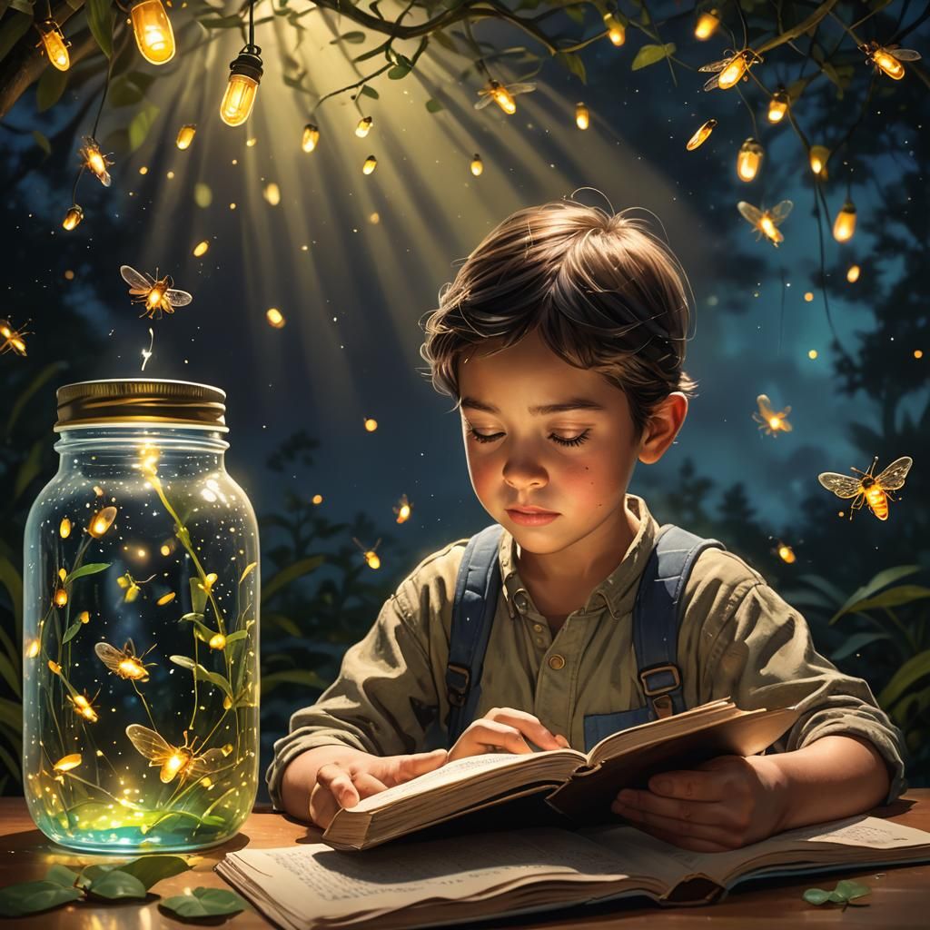 A young child reading a book by the light of a jar full of fireflies Hyperrealistic, splash art, ...  by @Runway Lights 
