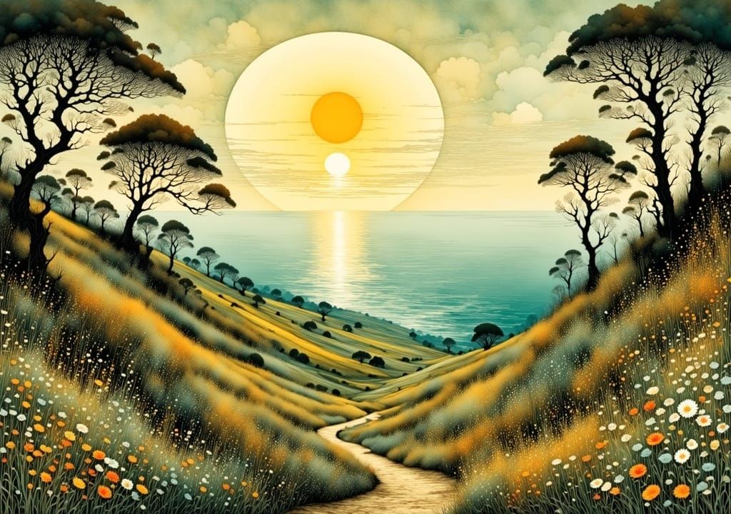Hiking trail with wonderful views of the sea and wildflowers along the way on Rügen, at daybreak with fog, before sunrise, by John Atkinson...