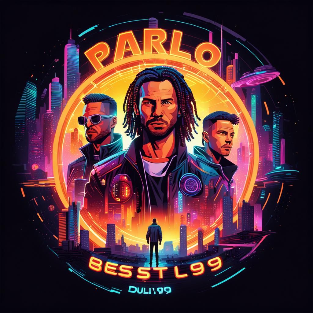 “Paulo and the class of ‘99” 
create a vinyl record sleeve for the band of “Paulo and the Class of ‘99” colorful, uniqued, futuristic, highl...