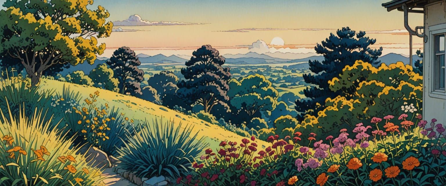 wide open sky, looking up, wide open spaces, house, light, bright, clear daytime sky, exotic plants, flowers, white, indigo blue, orange-yel...