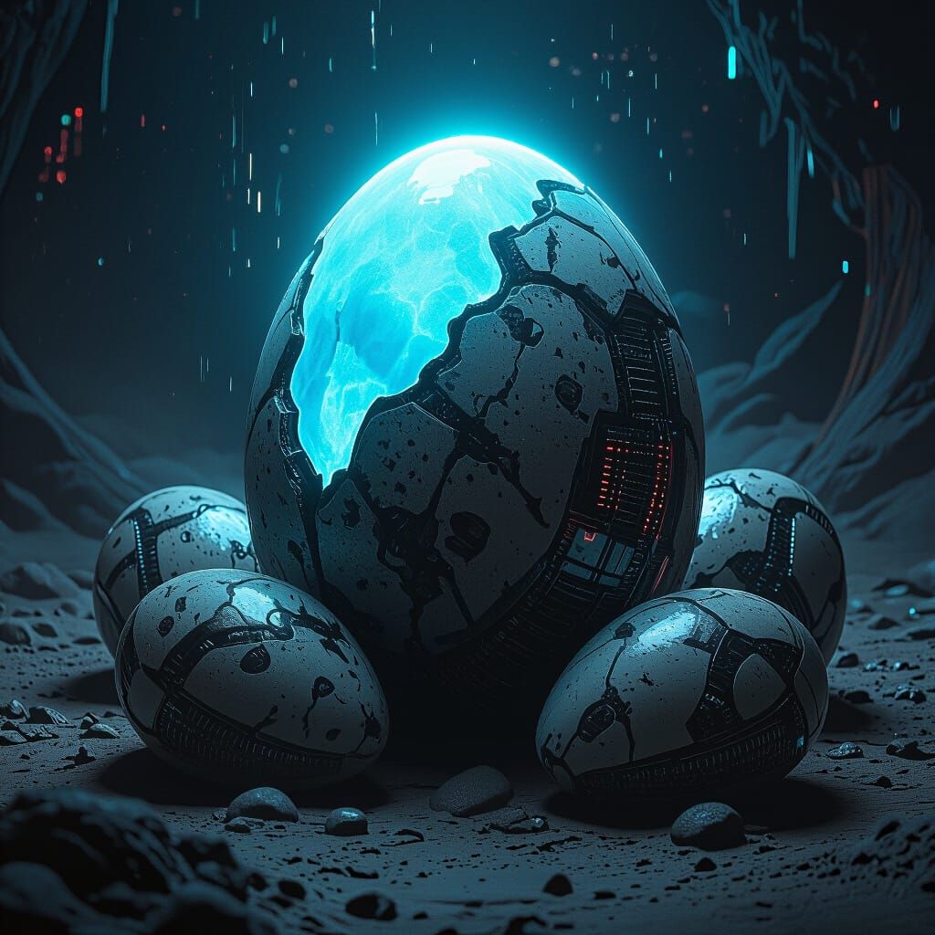 Alien eggs Horror Style showing a light blue glow over the top layer , beware of anyone disturbing their slumber the eggs open like flowers,...
