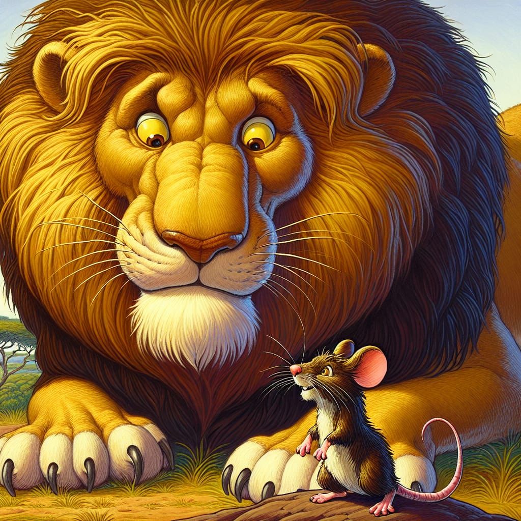 the fearful lion and the brave mouse, storybook illustration