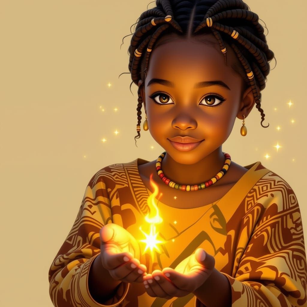 A star-spirit extends its glowing hand, placing a tiny golden flame into an 11-year-old African girl, deep brown skin, slim build, bright cu...