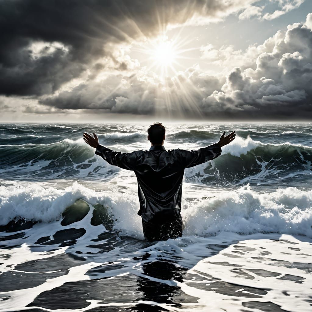 A man  emerges from turbulent ocean waves